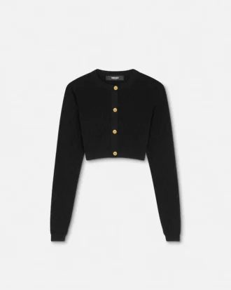 Jacquard-strikket kort cardigan i stretchviskose